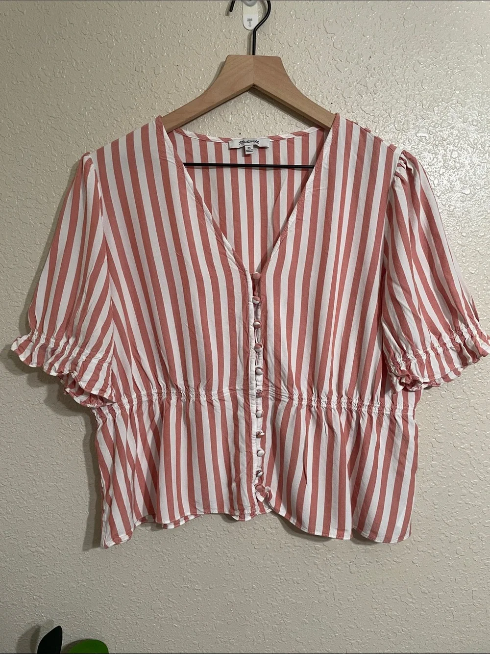 Madewell Pink and White Vertical Stripe Button-Front Peplum Blouse